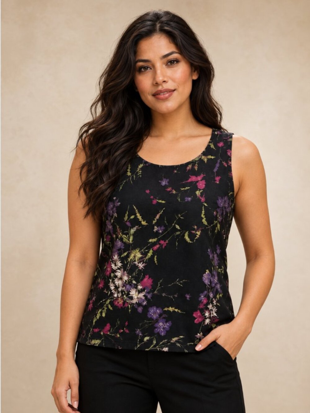Susan Graver Printed Stretch Lace Sleeveless Top – Black, Size Medium – NWT